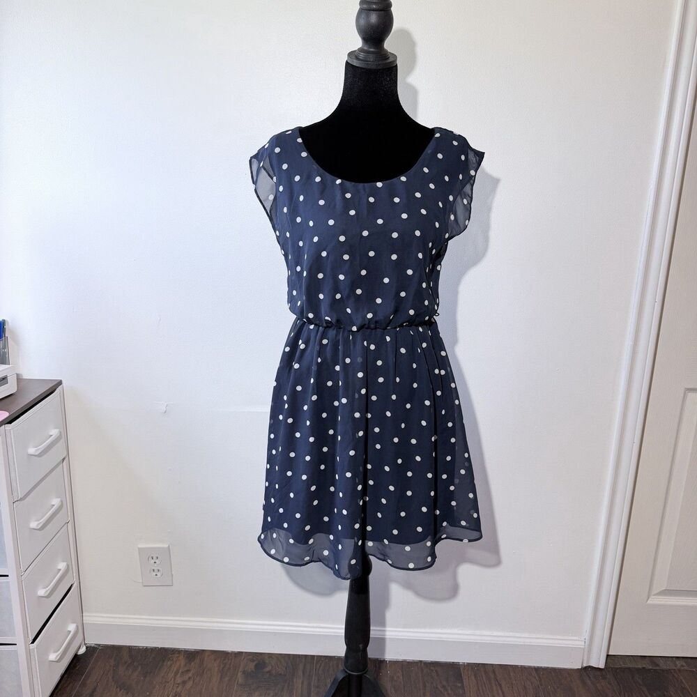 BCX Dress Sleeveless Navy Blue Lined Polka Dots Women's Size Small
